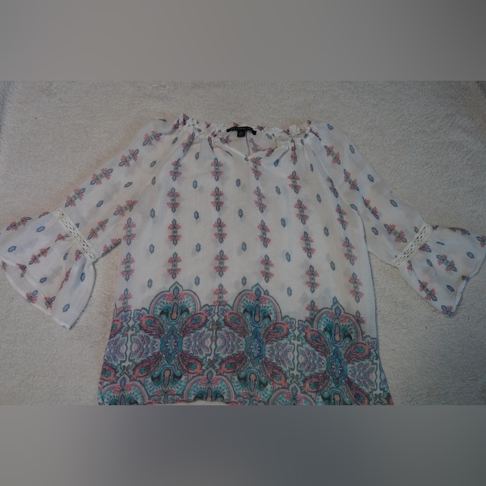 Rachel & Zoe Boho White Floral Border Print Peasant Top size PS